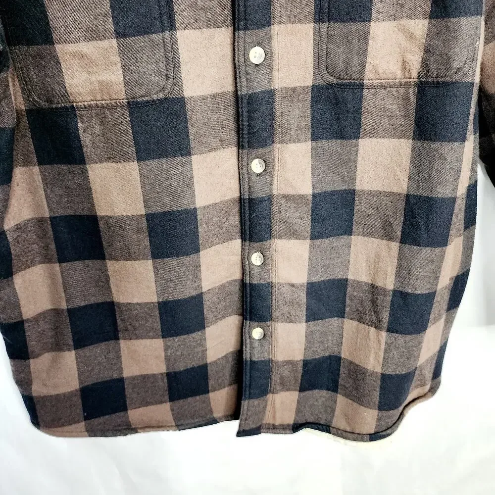Men's Plaid Flannel Shirt Jacket Large Brown Buffalo Check Button Up Shacket